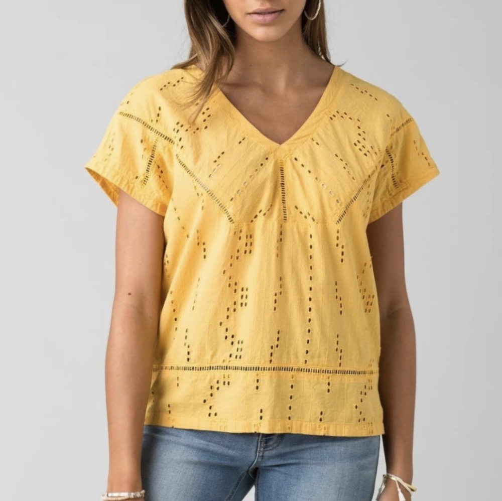 Prana blouse Yellow Keelie Lightweight Organic eyelet Cotton Top Medium